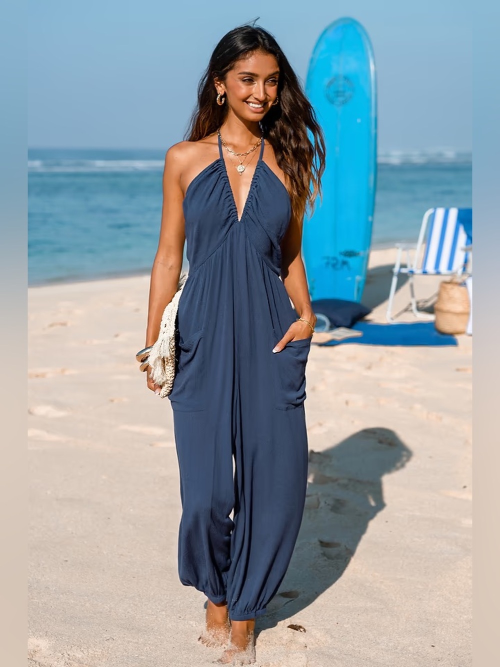 Cupshe Navy Halter Neck Wide-Leg Jumpsuit